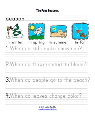 Preschooler practicing handwriting with a four seasons phonics worksheet