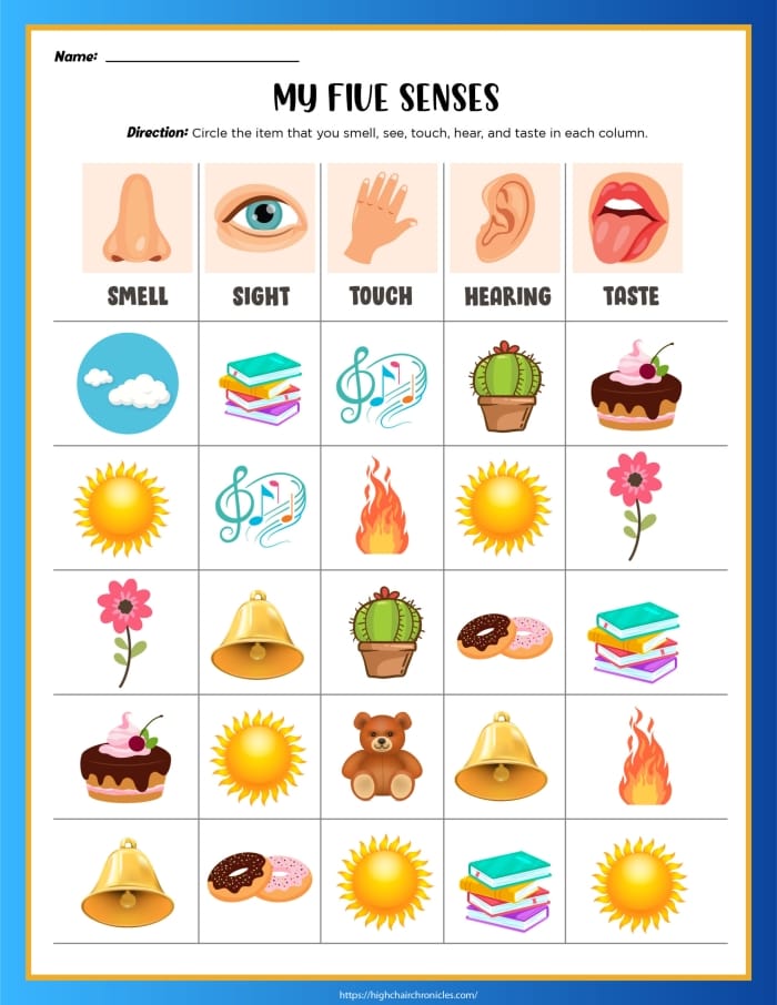 Pre-K five senses match-up worksheet featuring pictures to connect with sight sound taste touch and smell