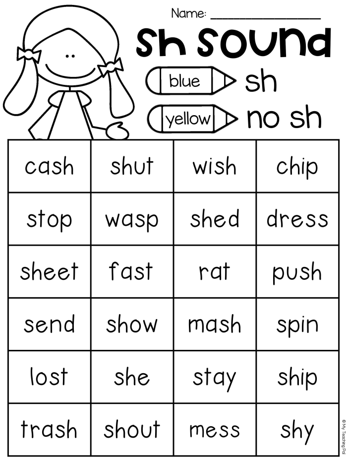 Preschool worksheet for practicing the sh letter sound with pictures of words like ship and shell