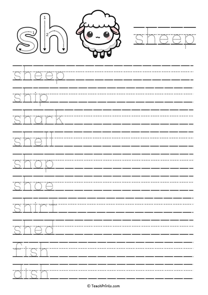 Preschooler working on a Letter Book SH worksheet to identify words starting with the sh sound