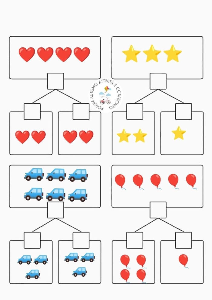 Colorful More or Less Shapes worksheet for preschool counting and shape recognition
