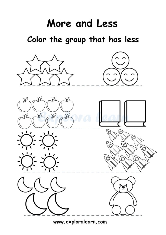 Colorful More or Less Shapes worksheet for preschoolers focusing on counting and shape recognition
