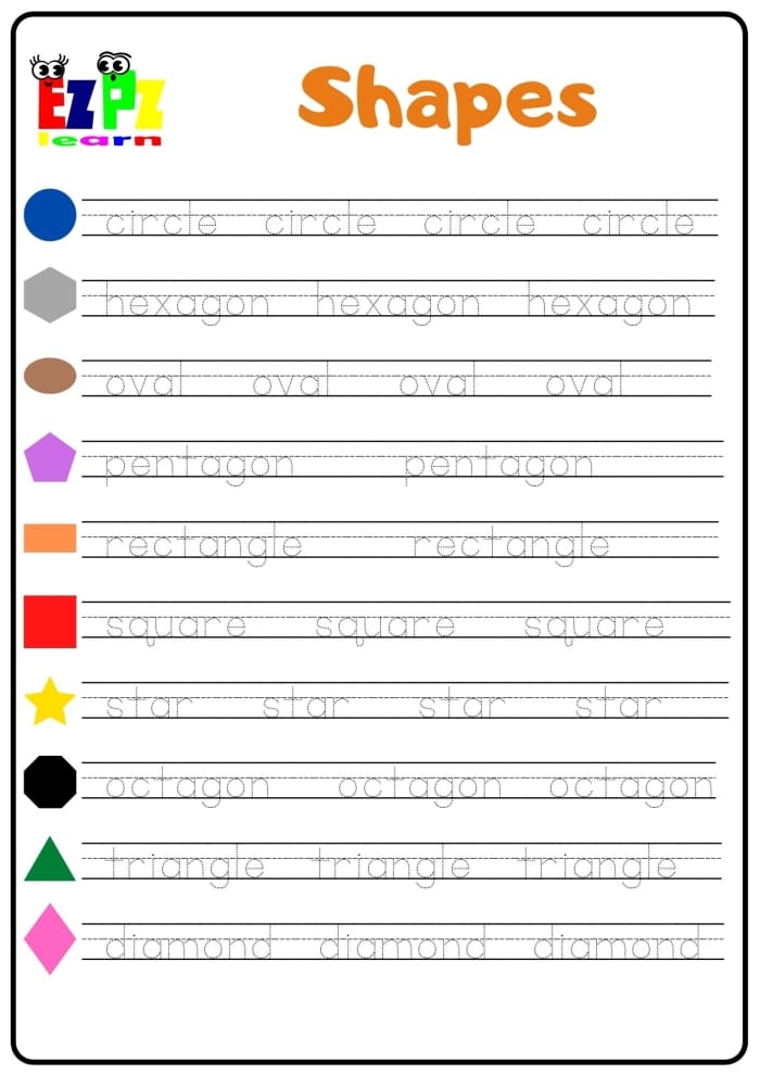Tracing Basic Shapes worksheet featuring circles, squares, triangles, and rectangles for Pre-K kids