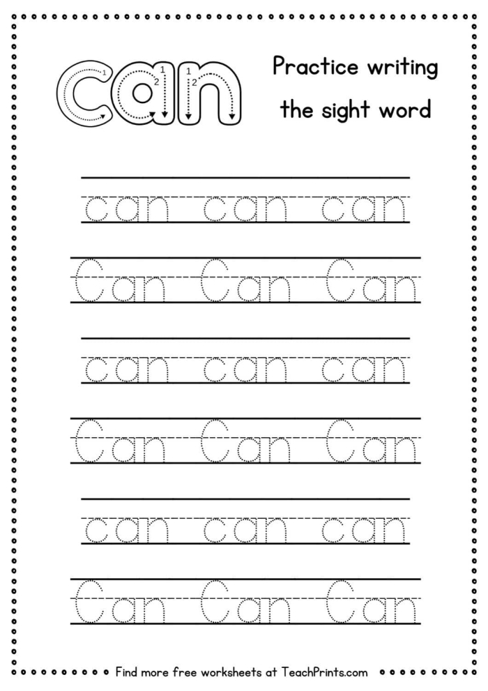 Preschooler coloring the word Can on a fun sight word activity page