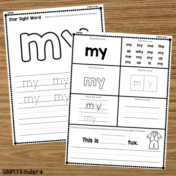 Preschool worksheet focused on practicing the sight word my with engaging tracing and coloring activities