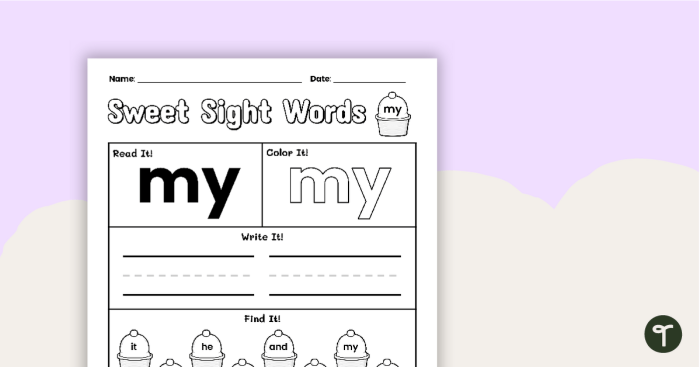 Preschool worksheet for learning to write and recognize the sight word my