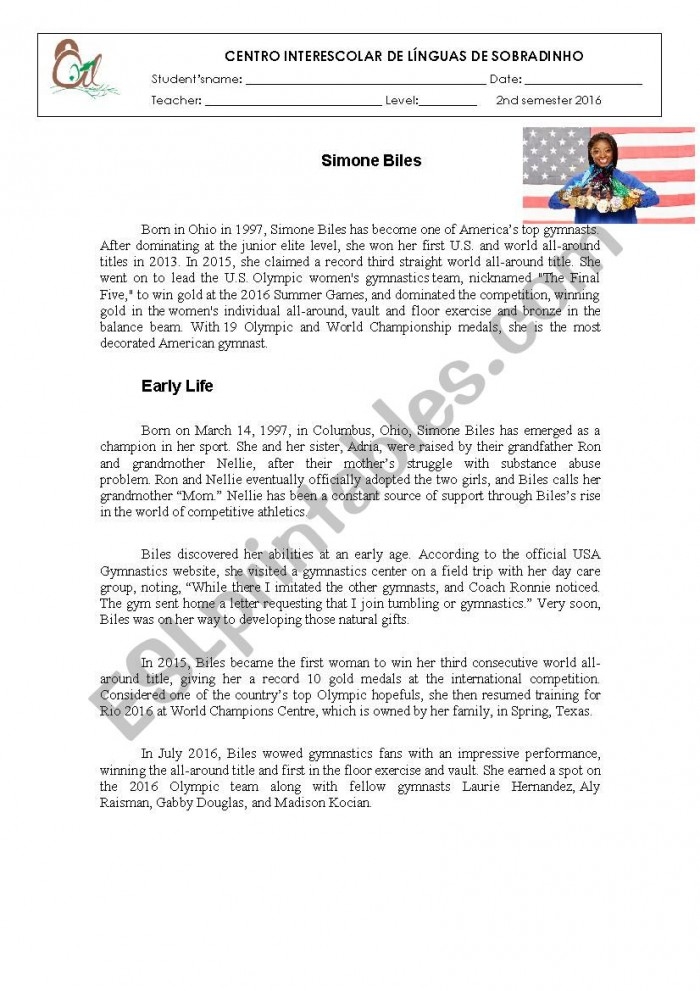 Preschool worksheet showing dotted letter tracing and coloring activity about Olympic gymnast Simone Biles for handwriting practice