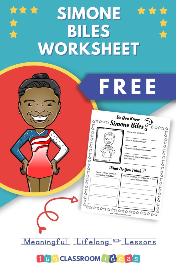 Preschool tracing and coloring worksheet featuring Olympic gymnast Simone Biles with dotted letter lines for handwriting practice
