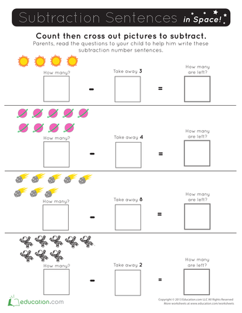 Stellar Subtraction worksheet for preschoolers preparing for kindergarten Preschool math worksheet featuring fun subtraction problems with a space theme