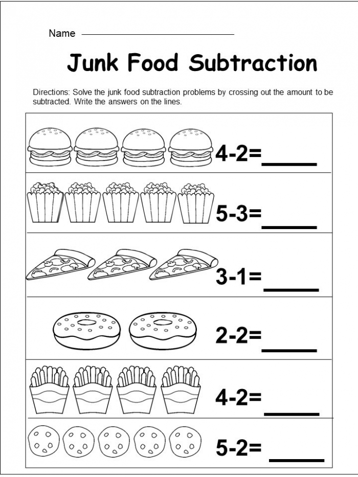 Food Math Subtraction Fun Worksheet for Pre-K Students 8 Preschoolers learning basic subtraction using colorful food illustrations on a worksheet