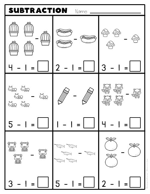 Beginning subtraction worksheet for preschoolers featuring numbers 1 to 5 with counting objects