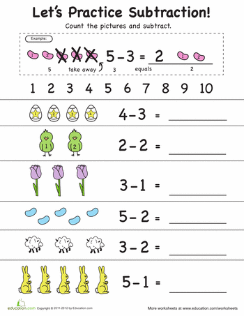 Preschoolers practice counting and subtracting birds and bugs on this spring themed math worksheet