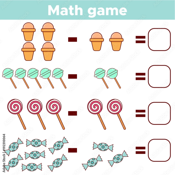 Colorful worksheet featuring preschoolers solving subtraction problems by taking away sweets