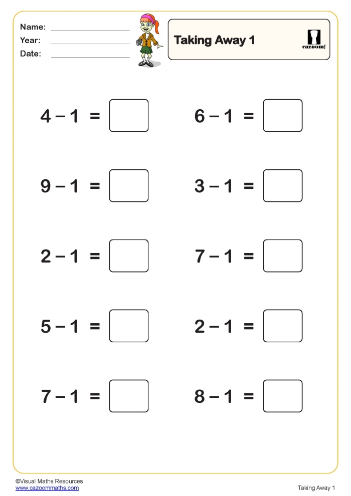 Colorful worksheet for preschoolers featuring subtraction problems with sweets