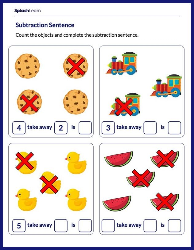 Colorful worksheet featuring preschoolers solving subtraction problems with sweets