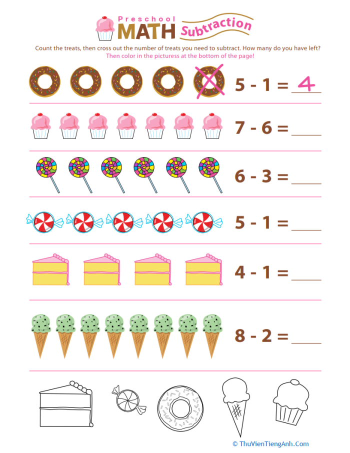 Colorful worksheet featuring preschoolers solving subtraction problems with sweets