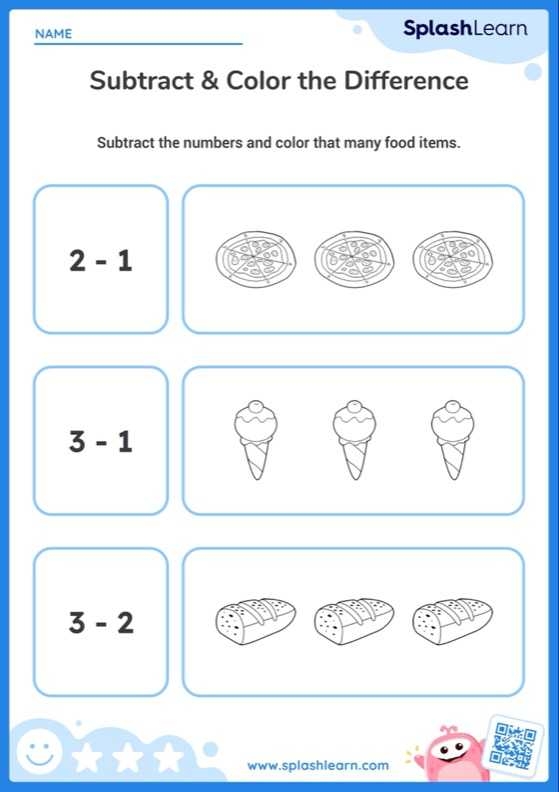 A colorful worksheet for preschoolers featuring subtraction problems with sweets to engage young learners