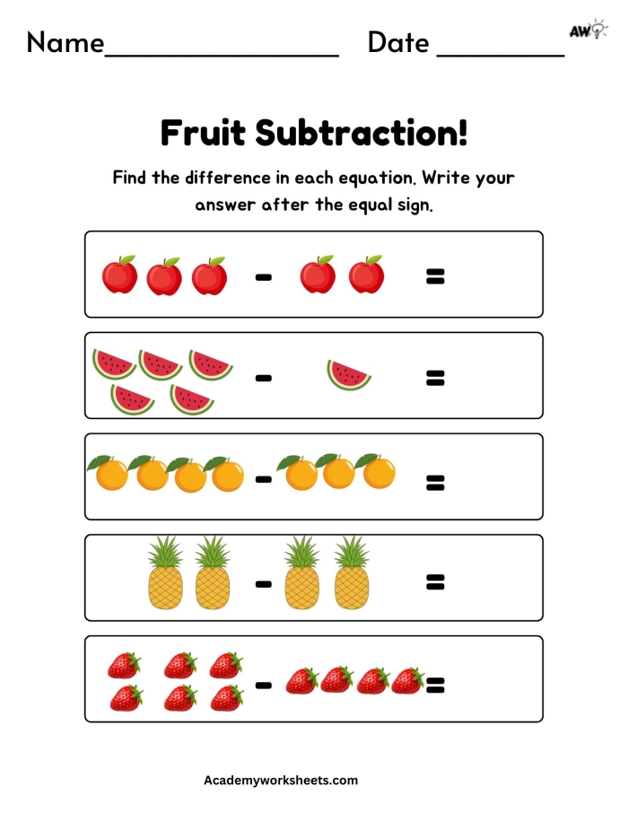 Preschool worksheet featuring simple subtraction problems with objects to count and cross out for numbers one to five