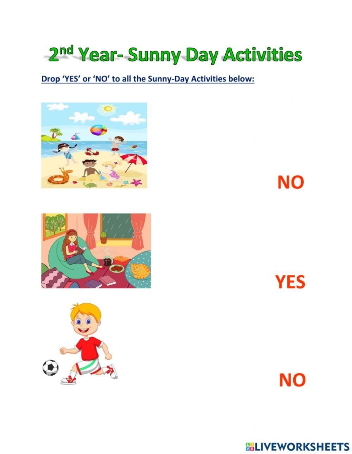 Preschool worksheet featuring bright weather icons for children to identify items used on a sunny day