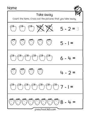 Colorful worksheet for preschoolers featuring subtraction problems with sweets