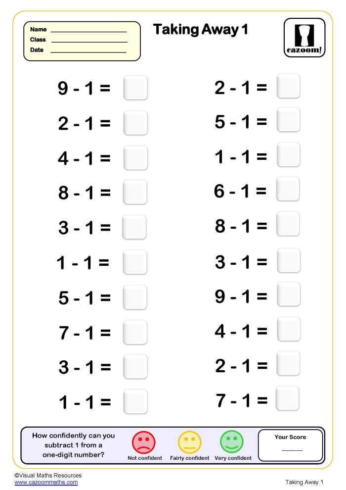Colorful worksheet featuring preschoolers solving subtraction problems with sweets