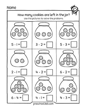 Colorful worksheet featuring preschool subtraction problems with sweets for young learners