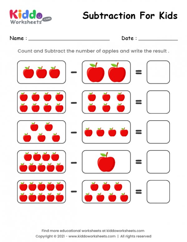 Colorful worksheet featuring preschool subtraction problems with sweets for young learners