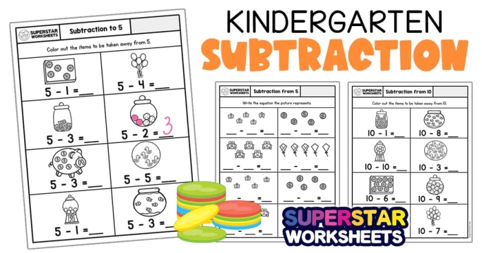 Colorful worksheet featuring preschoolers solving subtraction problems with sweets