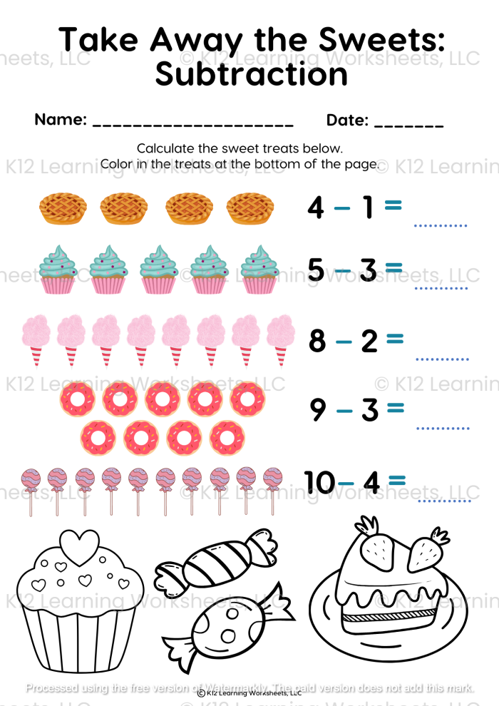 Colorful worksheet for preschoolers featuring subtraction problems with sweets
