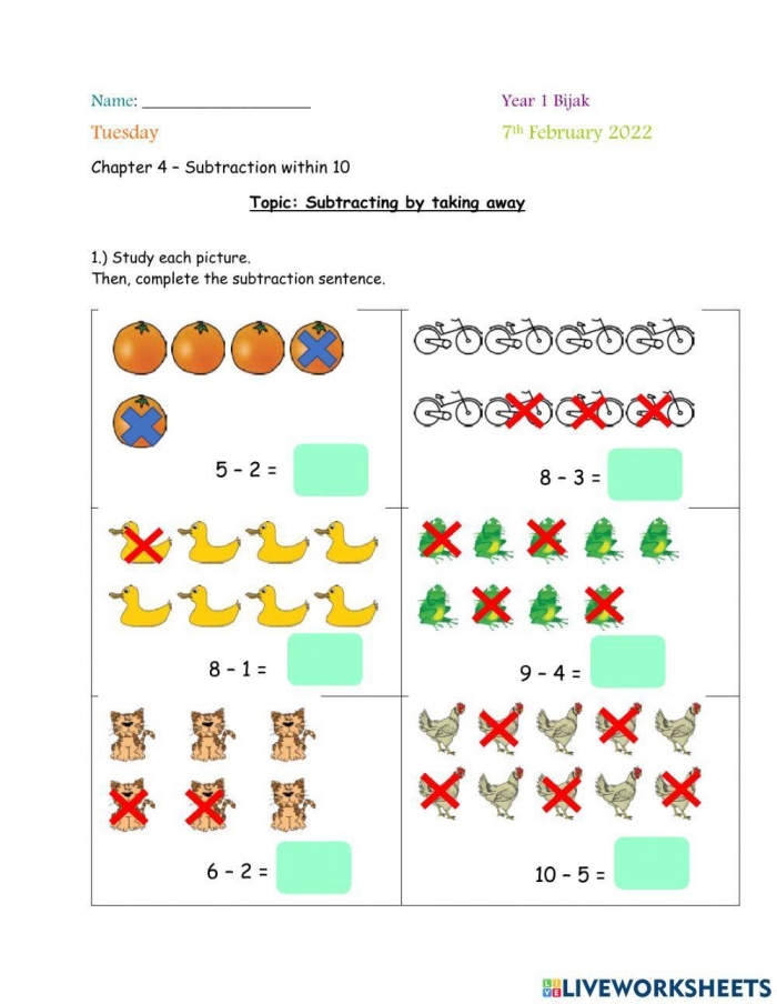 Colorful worksheet for preschoolers featuring subtraction problems using sweets