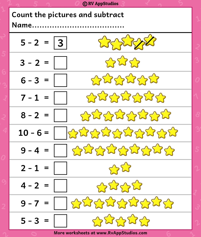 Colorful worksheet featuring preschool subtraction problems with sweets illustrations