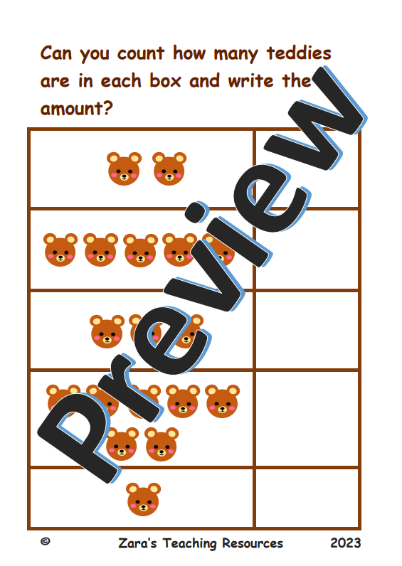 Teddy bear counting worksheet for preschoolers focusing on observation skills