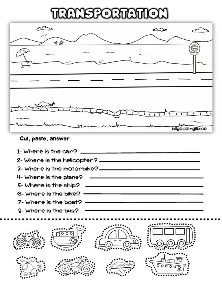 Transportation Cut-and-Paste worksheet for preschoolers featuring various vehicles and their correct placements