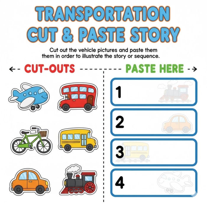 A toddler-friendly transportation cut-and-paste activity featuring land, sea, and air vehicles to sort
