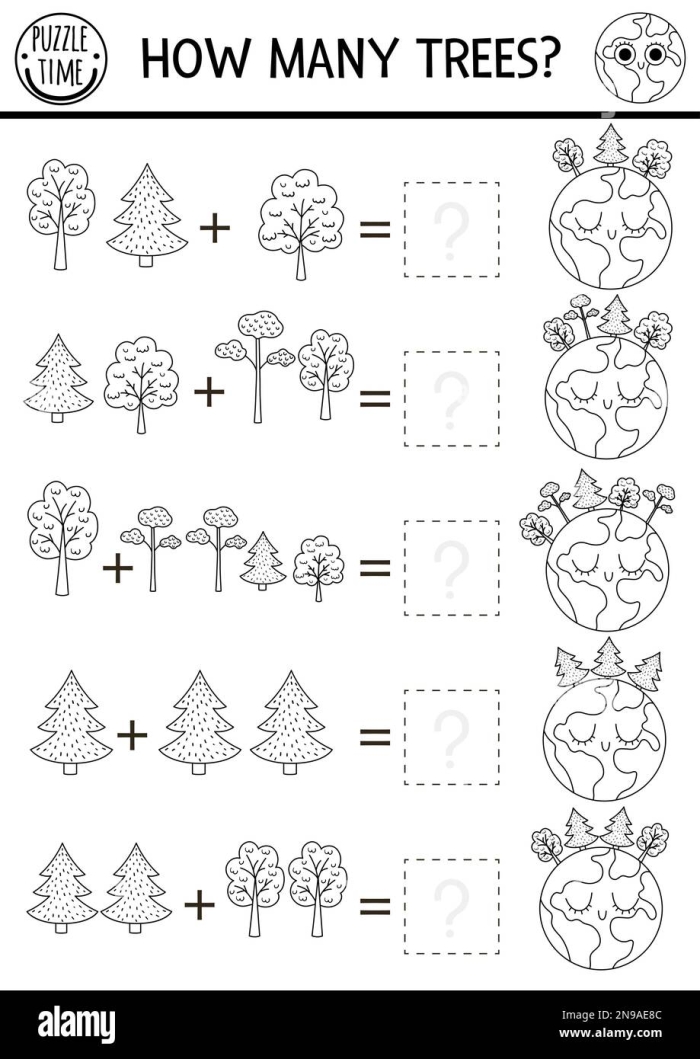 How Many Trees Are There Worksheet 15 Pre-K counting worksheet featuring fifteen different trees to help children practice addition skills
