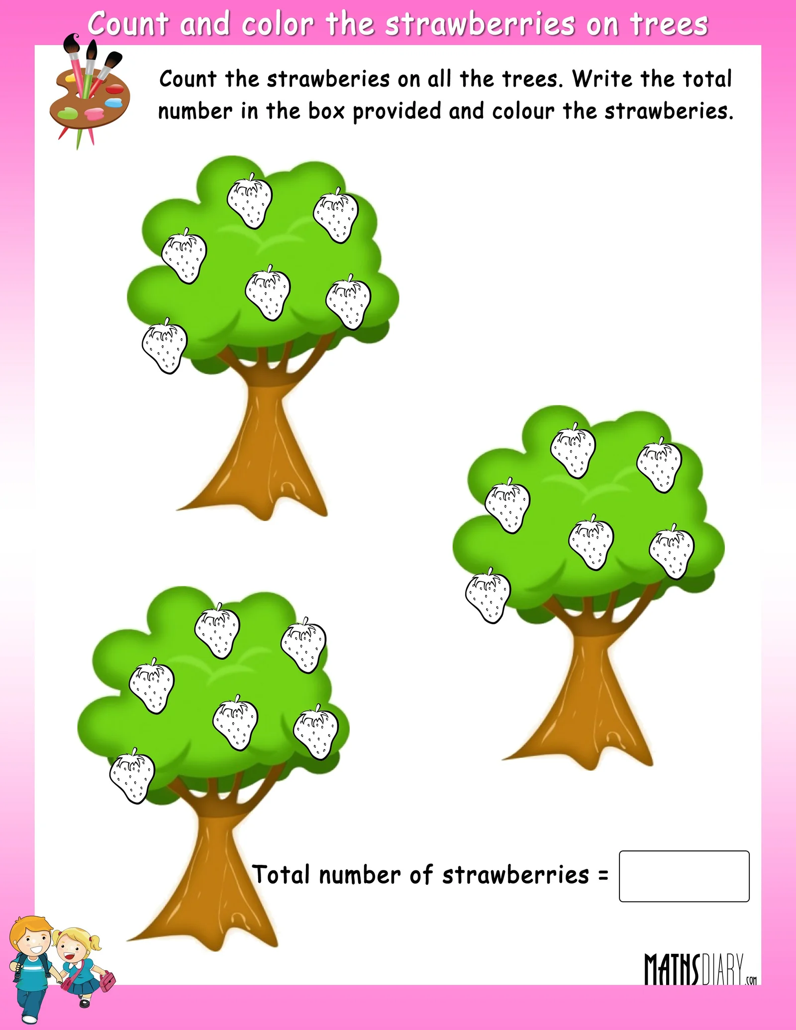 Counting Trees Worksheet for Pre-K: How Many Trees Are There? Colorful worksheet for preschoolers to practice counting trees and numbers