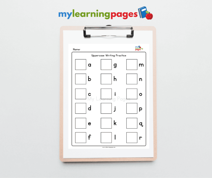 Preschool student practicing writing uppercase letters A through Z with dotted line guides and tracing exercises