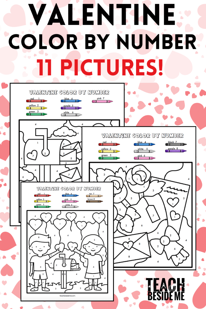 Valentine color-by-number worksheet for preschoolers featuring heart shapes and numbers 1-5 in red and pink