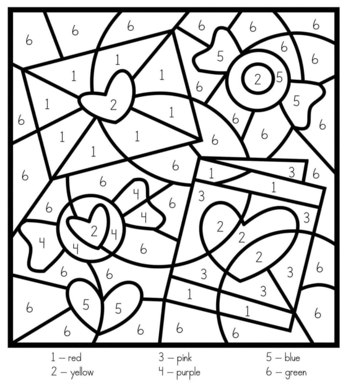 A preschool valentine color-by-number worksheet featuring heart shapes and numbers for young learners to practice counting and coloring skills