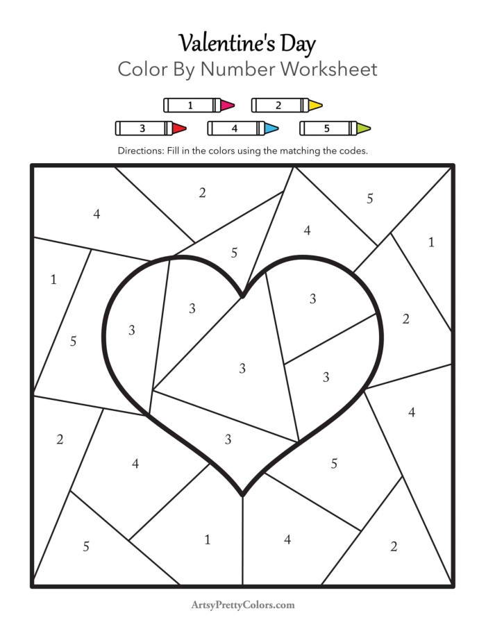 A preschool valentine color-by-number worksheet featuring heart shapes and numbers for young learners to practice counting and coloring skills