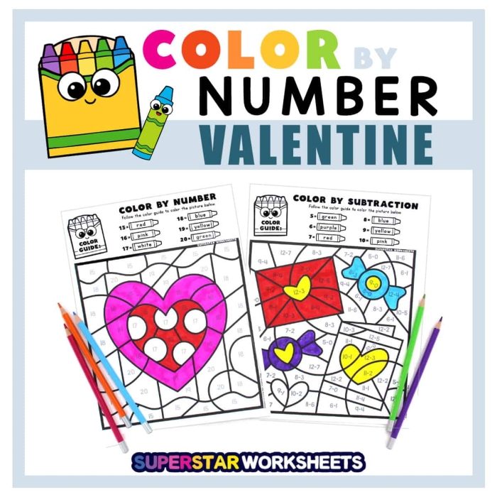 Valentine color-by-number worksheet for preschoolers featuring heart shapes and numbers 1-5 for Pre-K geometry practice