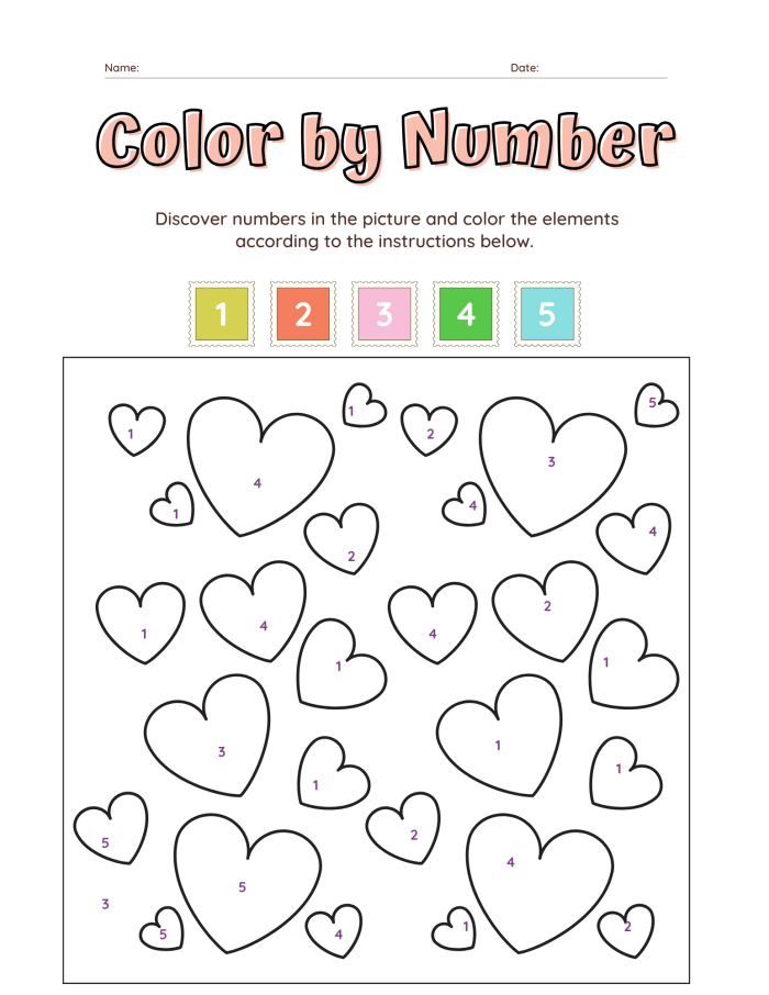 Preschool Valentine color-by-number worksheet featuring basic geometric shapes and numbers for holiday learning