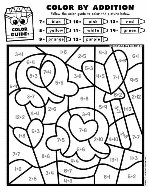 Valentine color-by-number worksheet for preschoolers featuring heart shapes and numbers 1-5 with red pink and purple coloring sections