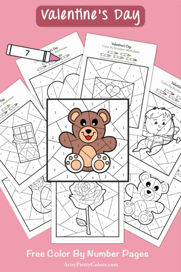 Valentine color-by-number worksheet for preschoolers featuring heart shapes and number recognition activities