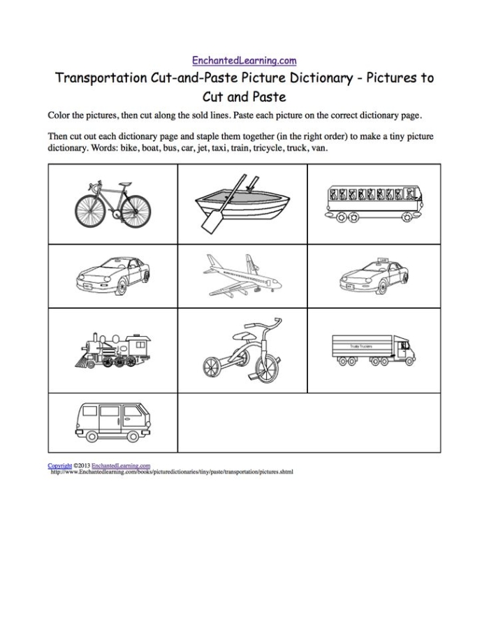 Preschoolers practice matching vehicles to their environments in this cut and paste transportation activity