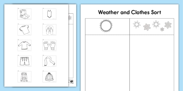Preschooler matching clothing items to sunny and rainy weather scenes on a geometry worksheet
