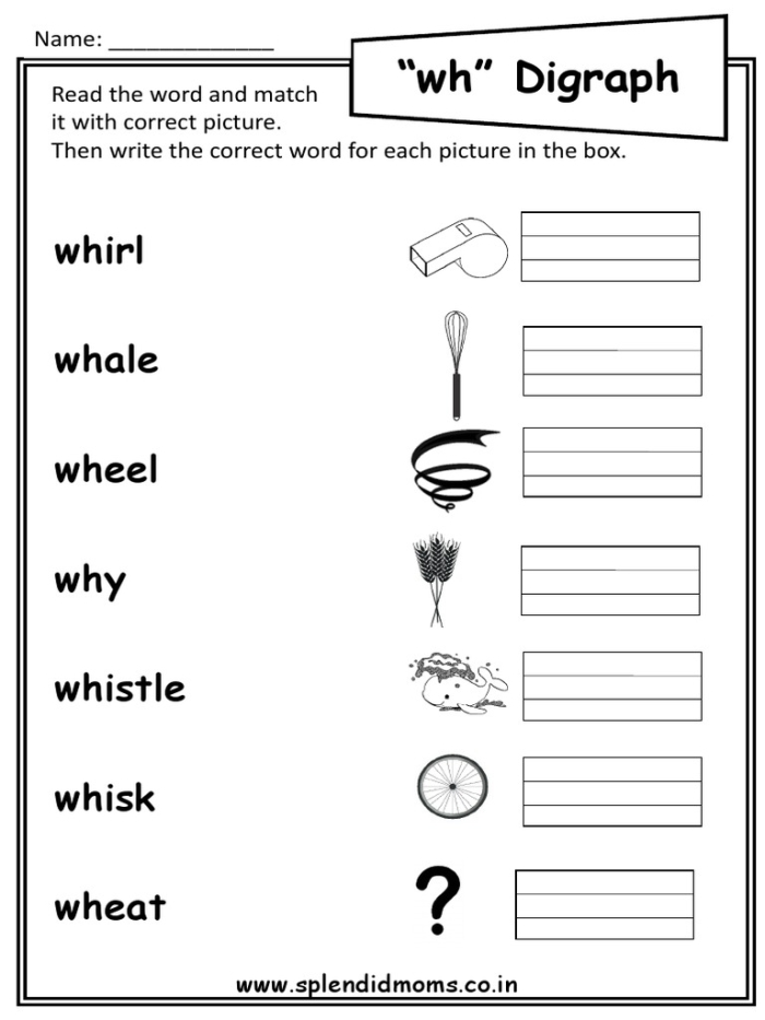 Preschool worksheet featuring a Letter Book activity focused on identifying words with the wh sound