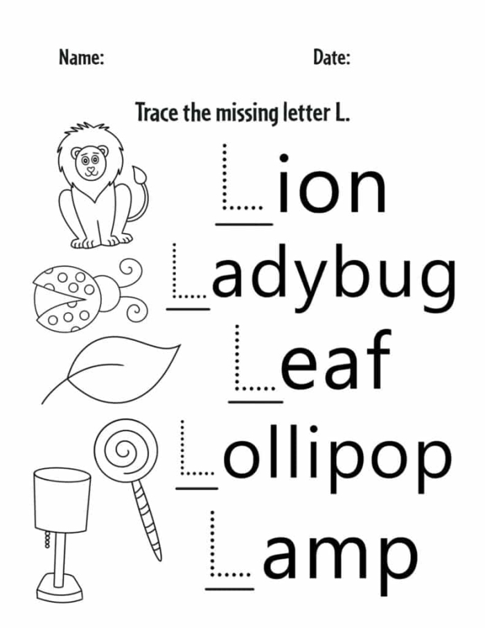 Hands-on learning exercise for Pre-K, kindergarten, and first-grade students. Worksheet activity for preschoolers focusing on words that begin with the letter L.