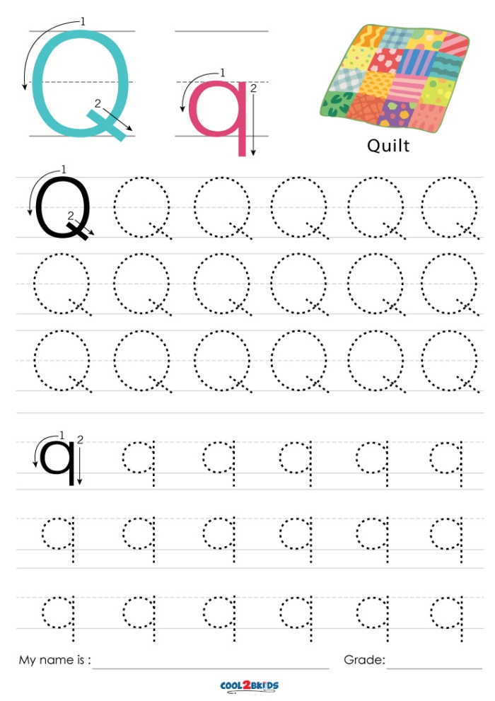 Preschool worksheet featuring a variety of objects and words starting with the letter Q