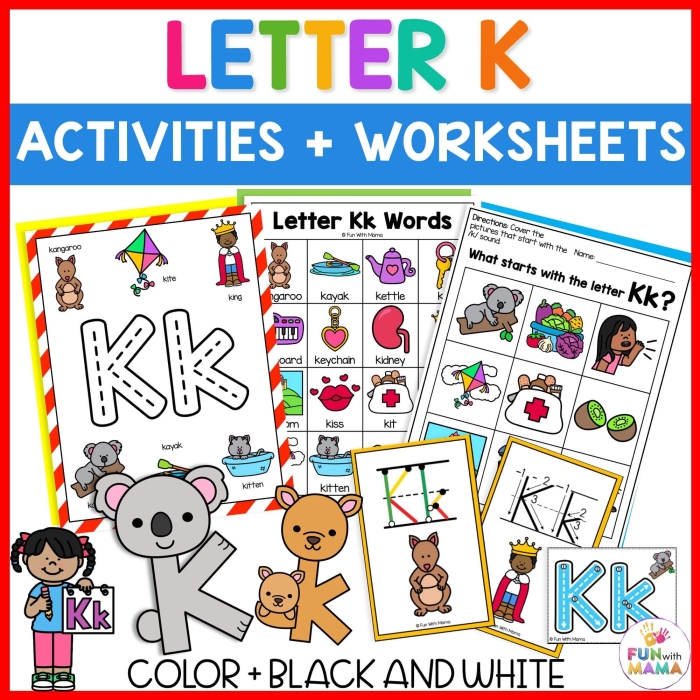 Worksheet featuring items that begin with the letter K for preschool learning